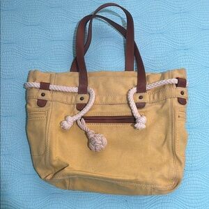 Yellow Canvas Tote with Nautical Rope Accents and Brown Leather Handles